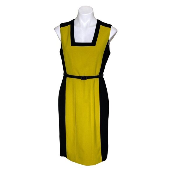 Calvin Klein Colorblock Sheath Dress, Chartreuse/Black Belted Women's Size 10 - Picture 1 of 8